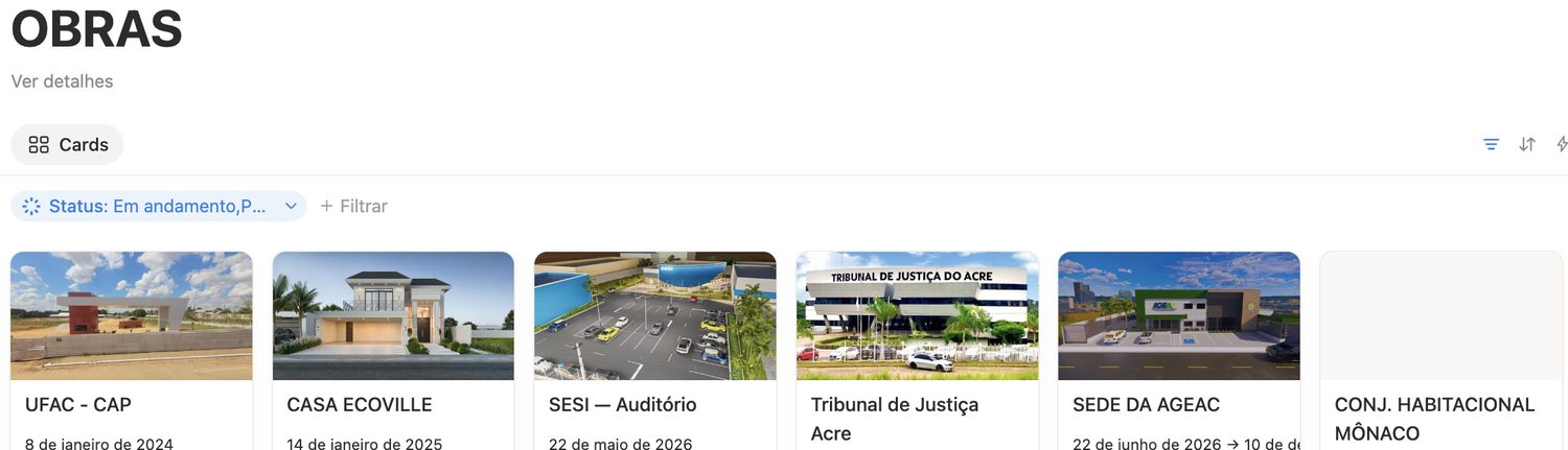 Cada obra com a sua página. É de dentro dela que sai a solicitação e onde o diário é preenchido.