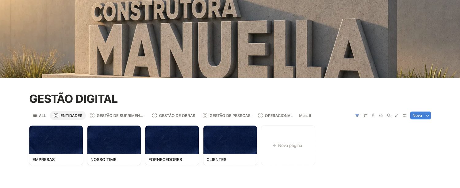 Suprimentos, obras, pessoas e operação no mesmo lugar. As compras são uma parte disso, não um sistema à parte.